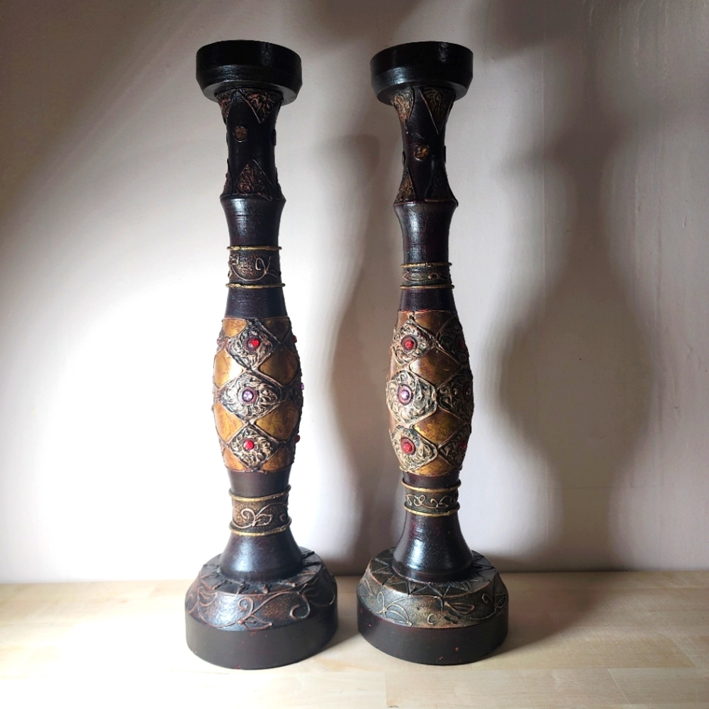 Beautiful Wood & Jewels Pillar Candle Stick‎ Holders 21" tall Artisan Decor